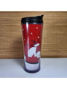 Starbucks 2011 Travel Tumbler Cup Holiday Snow Fun Christmas Dog and Snowflakes